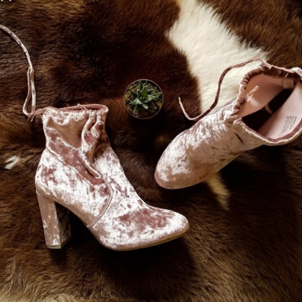 Pink crushed velvet booties